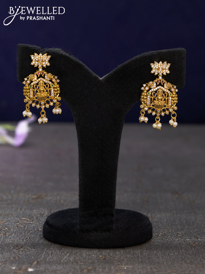 Antique earrings lakshmi design with kemp & cz stones and pearl hangings