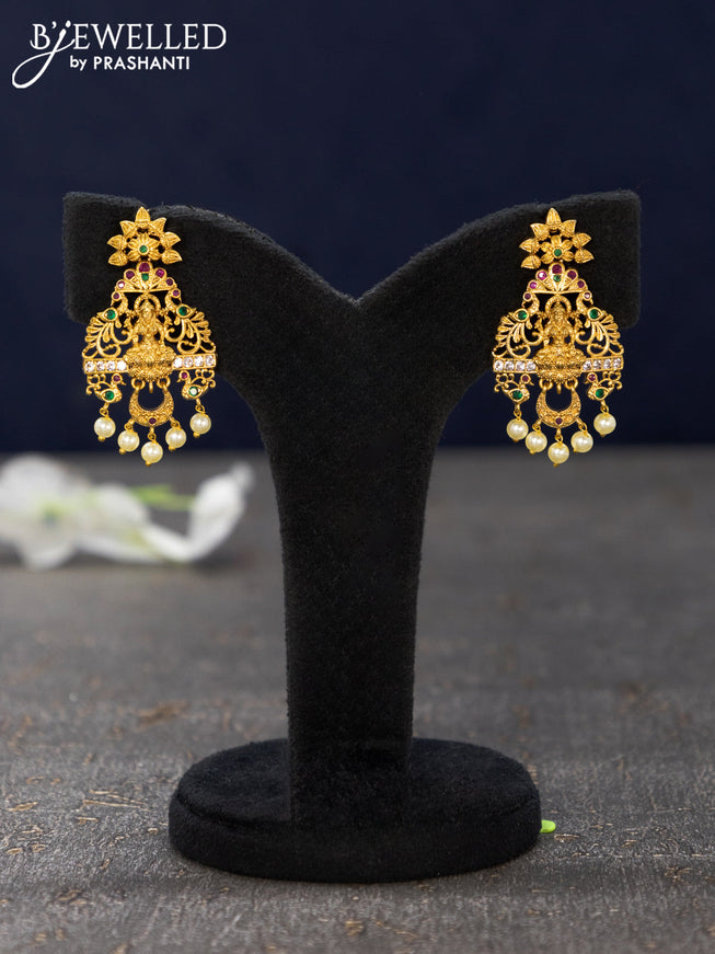 Antique earrings lakshmi design with kemp & cz stones and pearl hangings