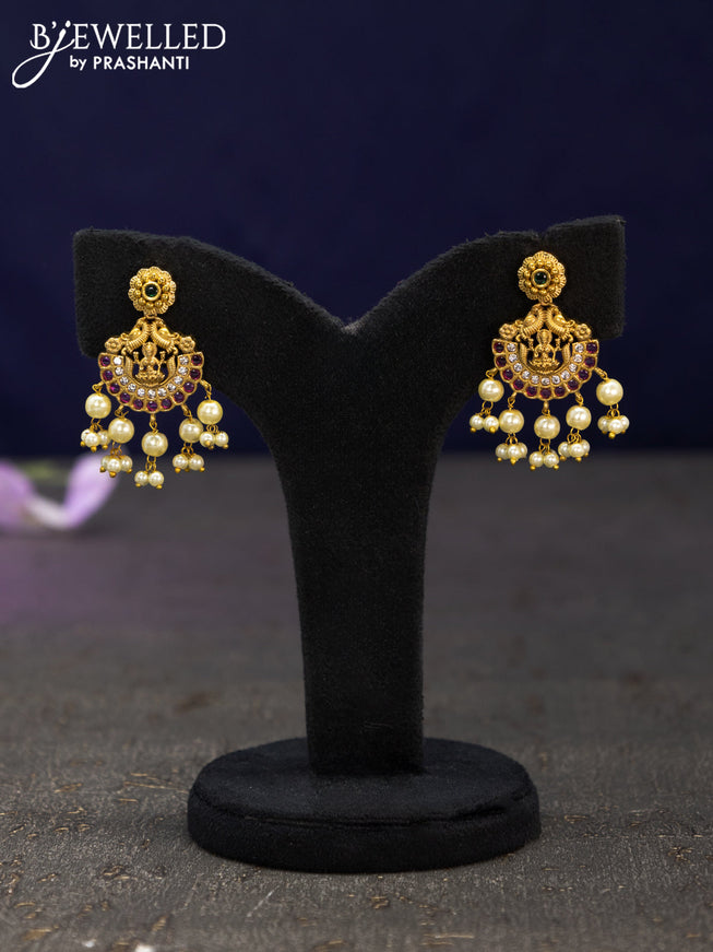 Antique earrings lakshmi design with kemp & cz stones and pearl hangings