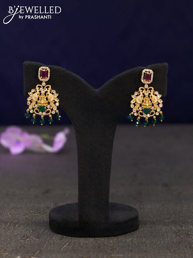 Antique earrings lakshmi design with kemp & cz stones and green beads hangings