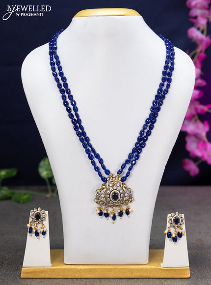 Beaded double layer blue necklace with sapphire & cz stones and beads hanging in victorian finish