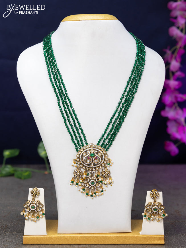 Crystal Beaded multi layer green necklace with emerald & cz stones and beads hanging in victorian finish