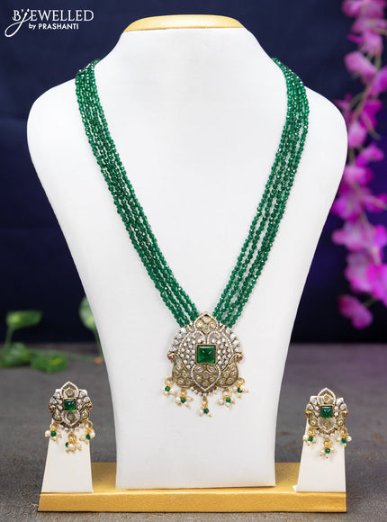 Crystal Beaded multi layer green necklace with emerald & cz stones and beads hanging in victorian finish