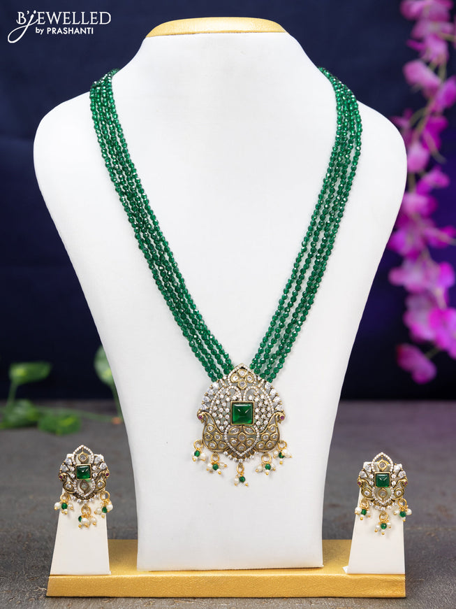 Crystal Beaded multi layer green necklace with emerald & cz stones and beads hanging in victorian finish