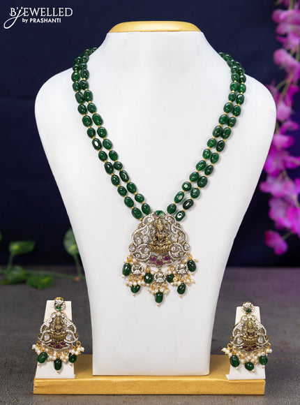 Beaded double layer green necklace kemp & cz stones with lakshmi pendant and beads hanging in victorian finish