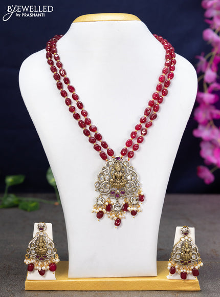 Beaded double layer maroon necklace kemp & cz stones with lakshmi pendant and beads hanging in victorian finish