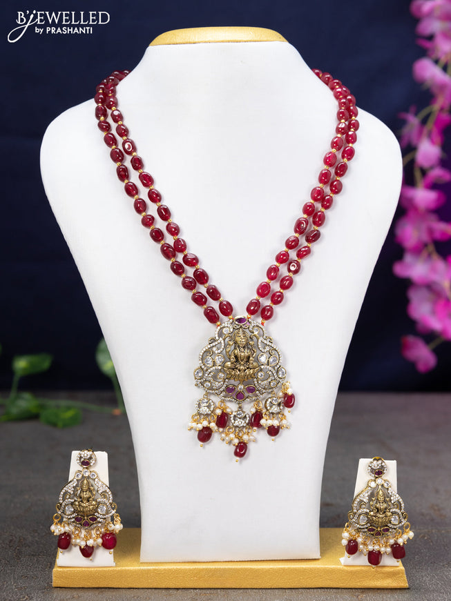 Beaded double layer maroon necklace kemp & cz stones with lakshmi pendant and beads hanging in victorian finish