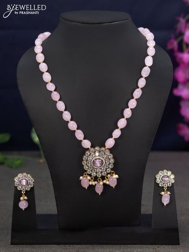 Beaded baby pink necklace cz stones with floral pendant and beads hanging in victorian finish