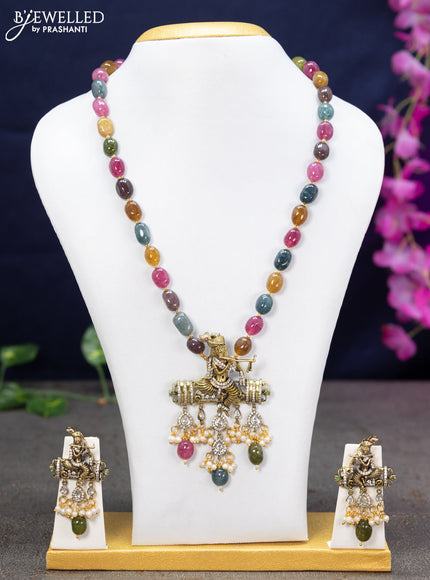 Beaded multicolour necklace cz stones with krishna pendant and beads hanging in victorian finish