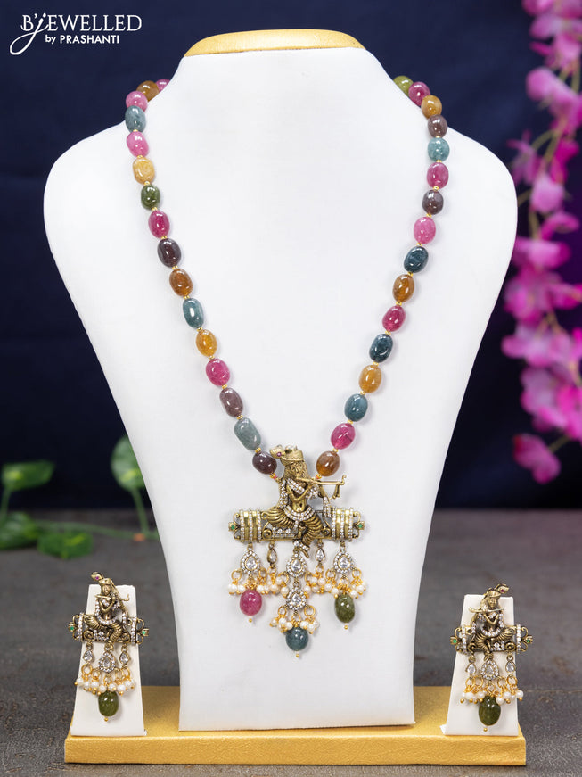 Beaded multicolour necklace cz stones with krishna pendant and beads hanging in victorian finish