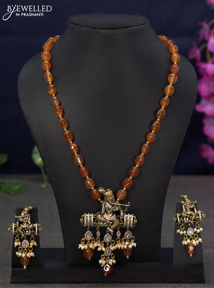 Beaded honey shade necklace cz stones with krishna pendant and beads hanging in victorian finish