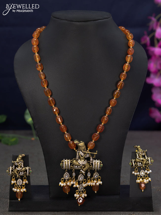 Beaded honey shade necklace cz stones with krishna pendant and beads hanging in victorian finish