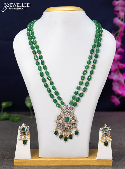 Beaded double layer green necklace with emerald & cz stones and beads hanging in victorian finish