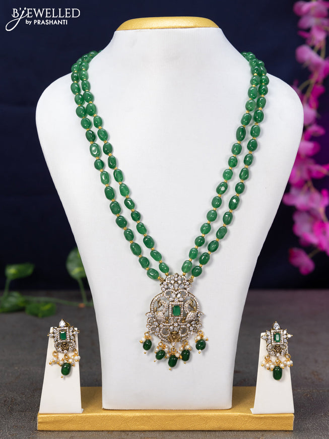 Beaded double layer green necklace with emerald & cz stones and beads hanging in victorian finish