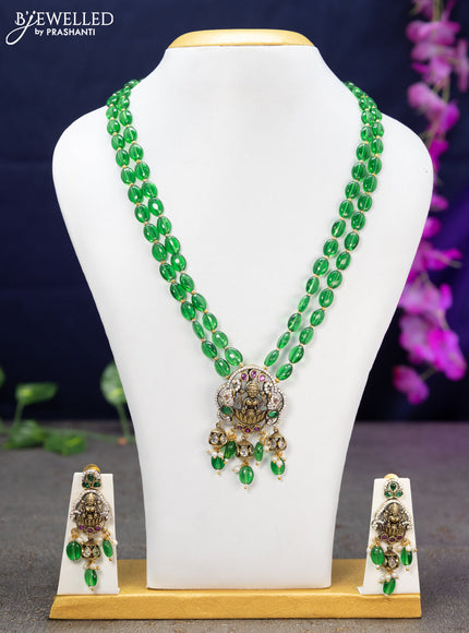 Beaded double layer green necklace kemp & cz stones with lakshmi pendant and beads hanging in victorian finish