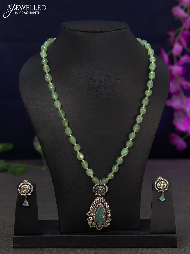 Beaded mint green necklace with emerald and cz stones in victorian finish