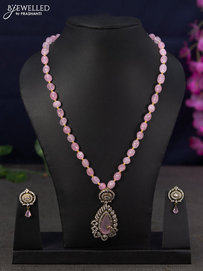 Beaded baby pink necklace with emerald and cz stones in victorian finish