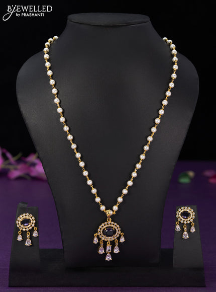 Pearl necklace with violet & cz stones and hangings