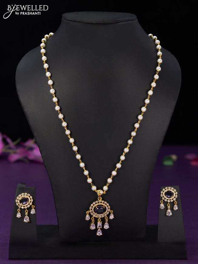 Pearl necklace with violet & cz stones and hangings