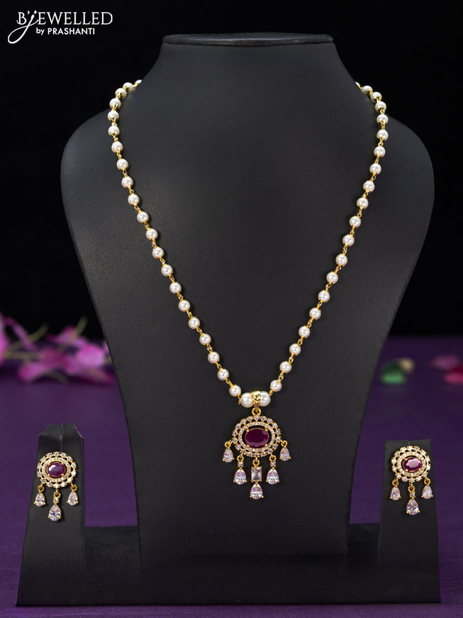 Pearl necklace with ruby & cz stones and hangings