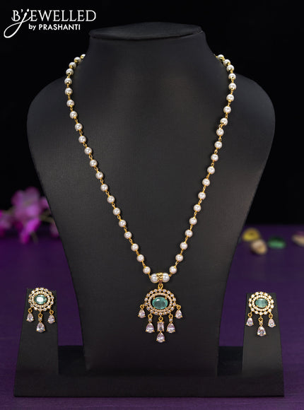 Pearl necklace with mint green & cz stones and hangings