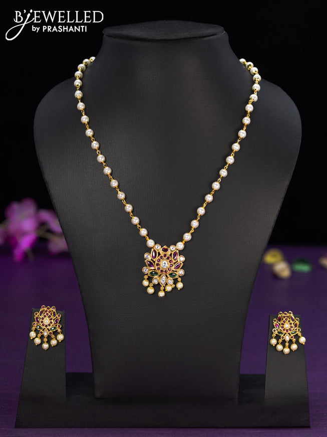 Pearl necklace lotus design with kemp & cz stones and pearl hangings