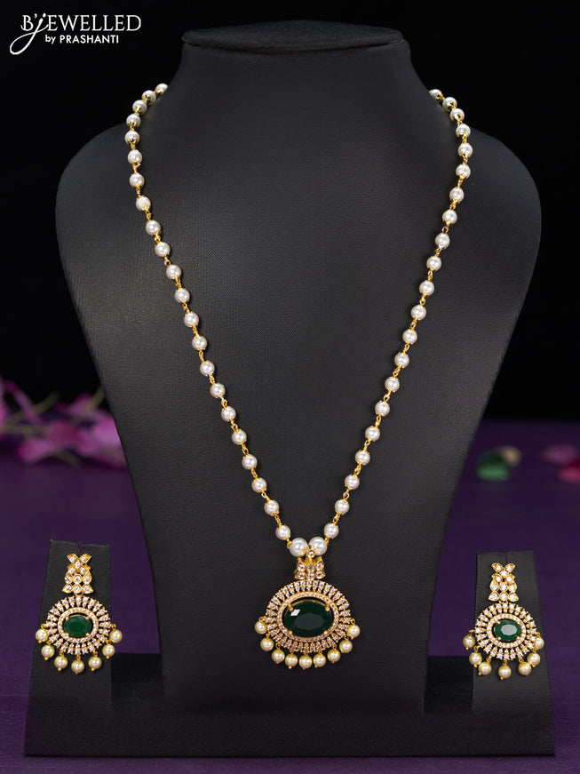 Pearl necklace with emerald & cz stones and pearl hangings