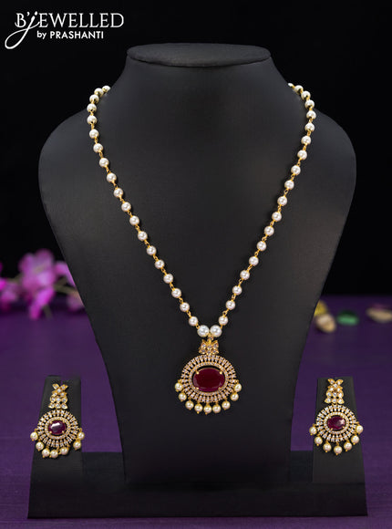 Pearl necklace with ruby & cz stones and pearl hangings