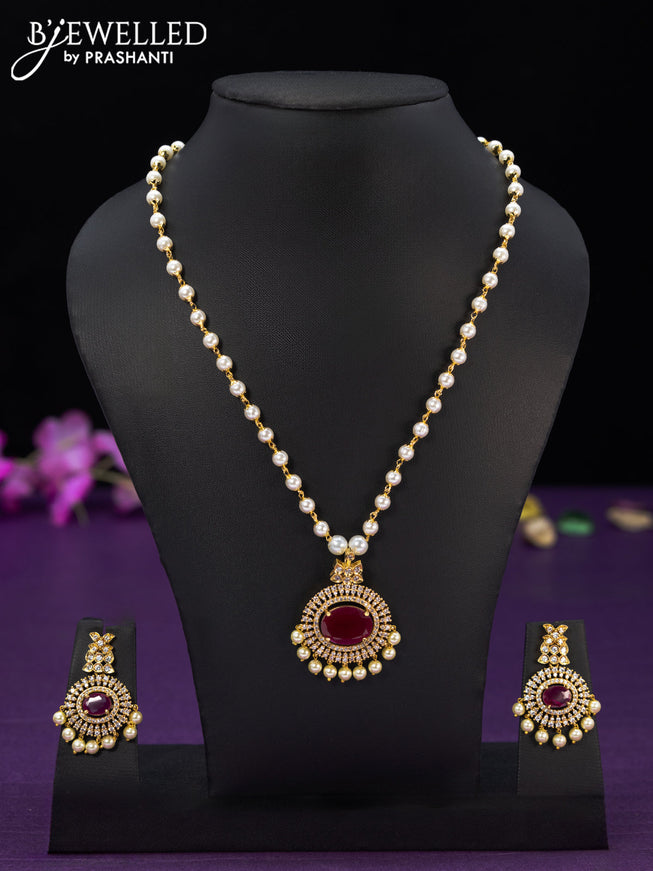 Pearl necklace with ruby & cz stones and pearl hangings