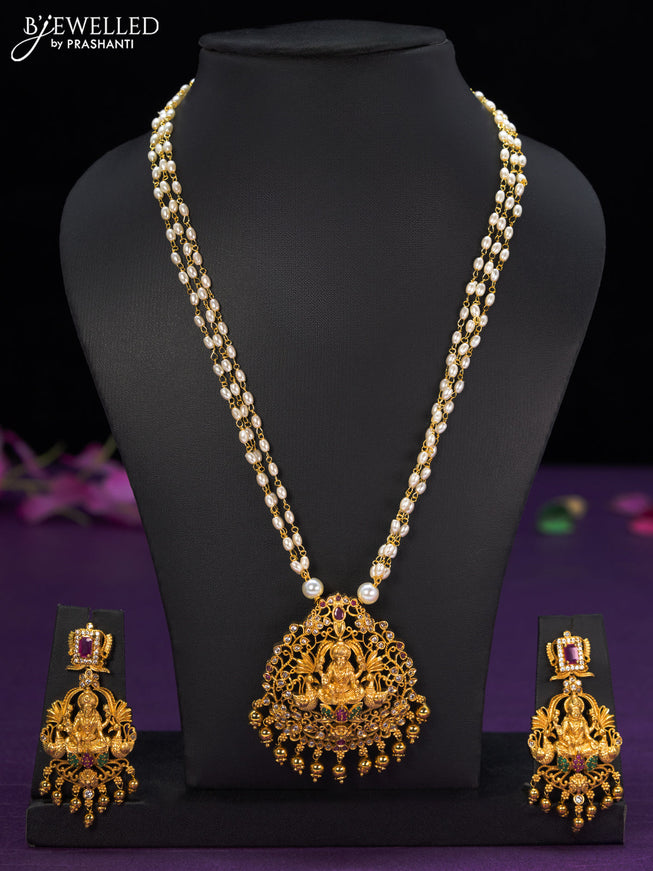 Pearl necklace lakshmi design with kemp & cz stones and golden beads hangings