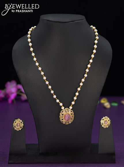 Pearl necklace with baby pink and cz stones