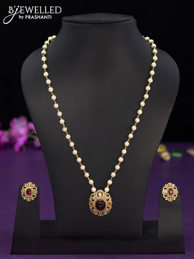 Pearl necklace with ruby and cz stones