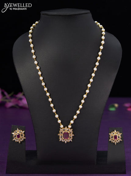 Pearl necklace with ruby and cz stones