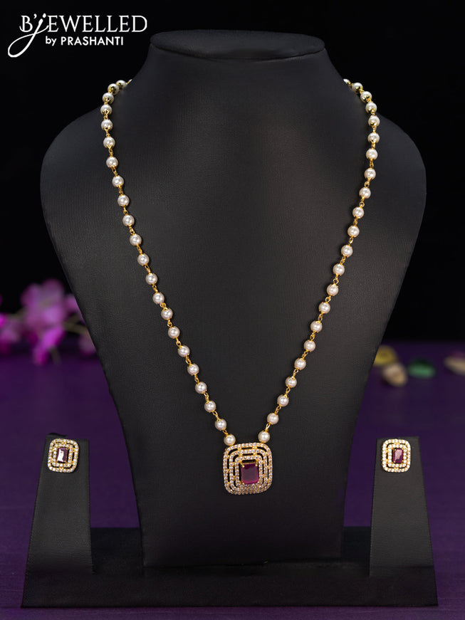 Pearl necklace with ruby and cz stones