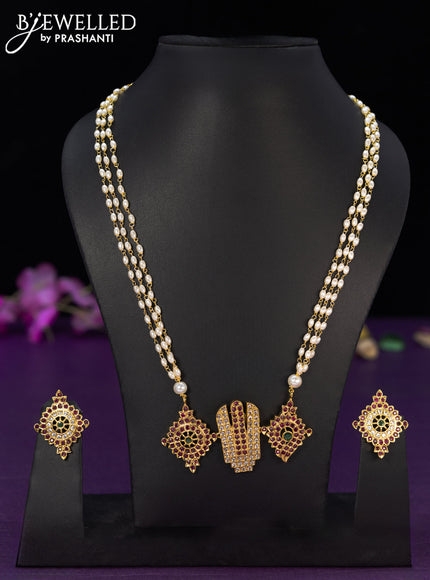 Pearl necklace kemp & cz stones with shanku & chakra and namam pendant