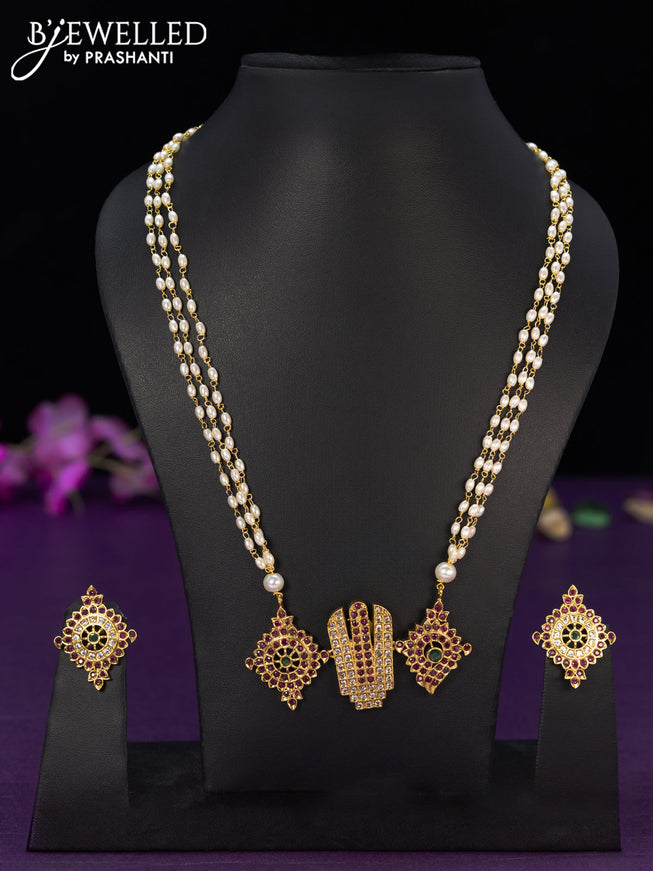 Pearl necklace kemp & cz stones with shanku & chakra and namam pendant