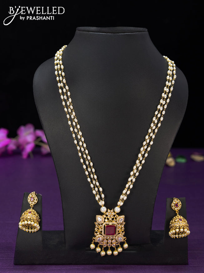 Pearl necklace with ruby & cz stones and pearl hangings