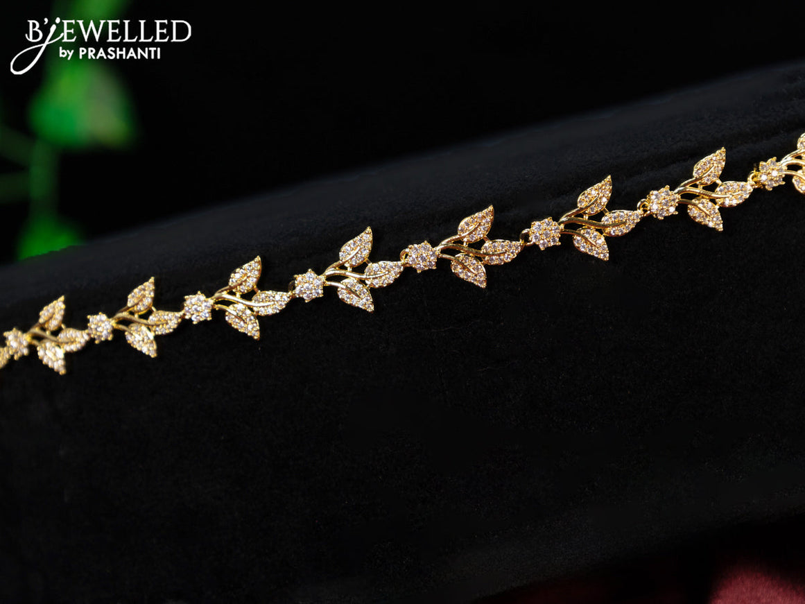 Zircon hip chain leaf design with cz stones in gold finish