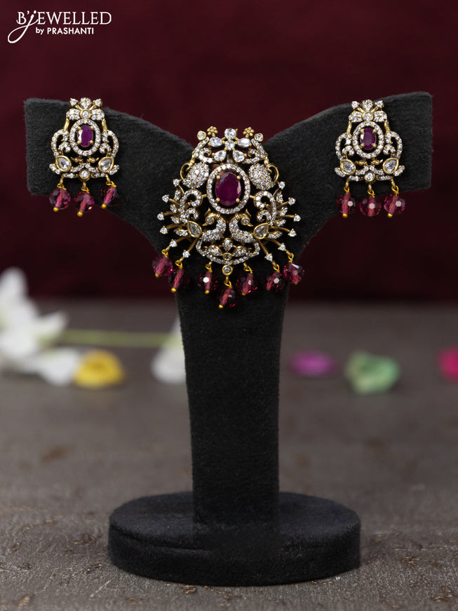 Victorian finish pendant set peacock design with ruby & cz stones and beads hanging