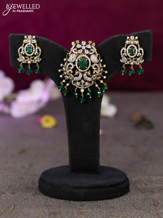 Victorian finish pendant set peacock design with emerald & cz stones and beads hanging