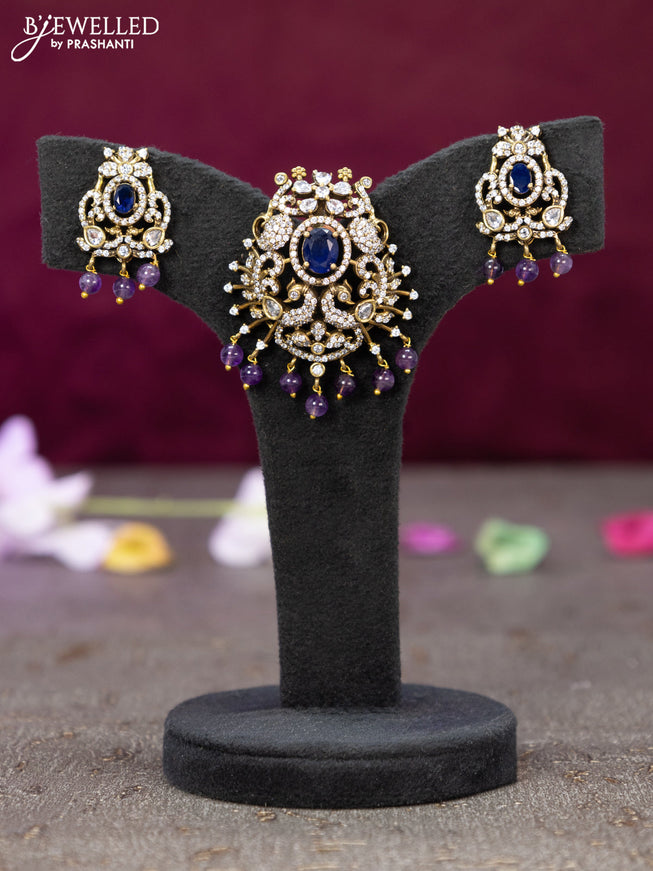 Victorian finish pendant set peacock design with sapphire & cz stones and violet beads hanging