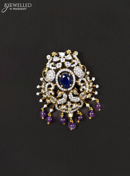 Victorian finish pendant set peacock design with sapphire & cz stones and violet beads hanging