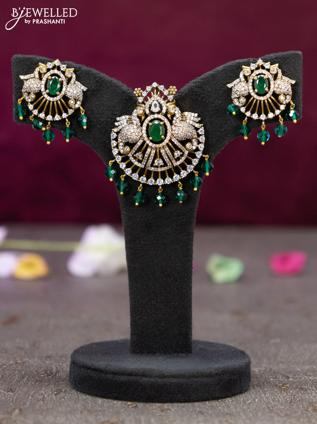 Victorian finish pendant set peacock design with emerald & cz stones and beads hanging