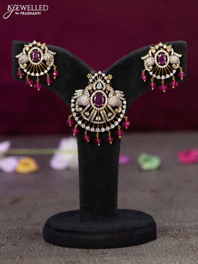 Victorian finish pendant set peacock design with ruby & cz stones and beads hanging