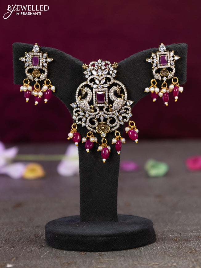 Victorian finish pendant set peacock design with ruby & cz stones and beads hanging