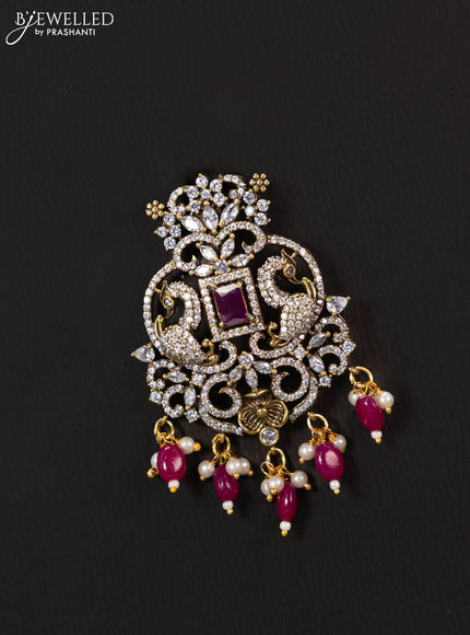 Victorian finish pendant set peacock design with ruby & cz stones and beads hanging