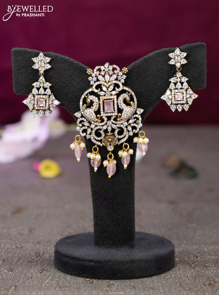 Victorian finish pendant set peacock design with baby pink & cz stones and beads hanging