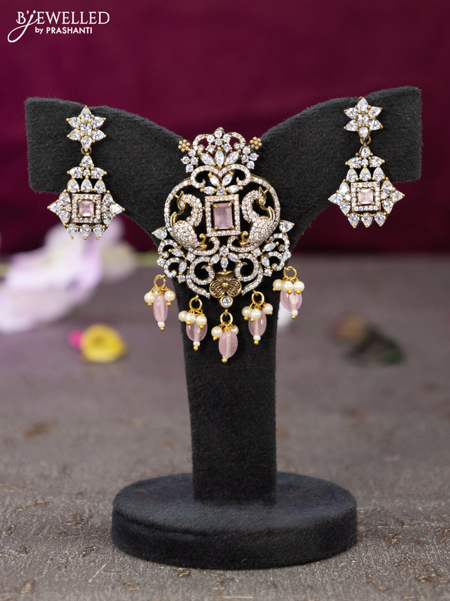 Victorian finish pendant set peacock design with baby pink & cz stones and beads hanging