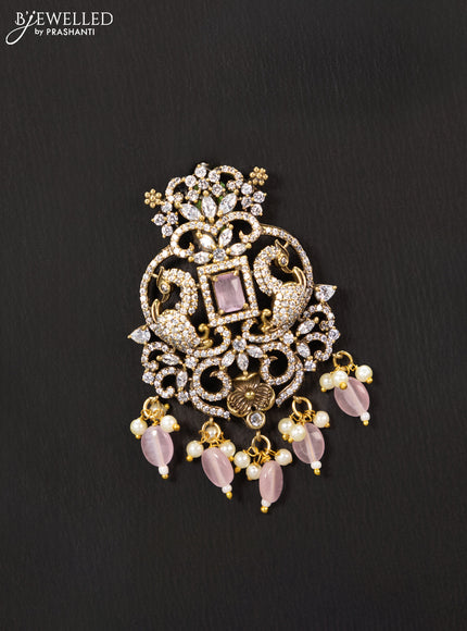 Victorian finish pendant set peacock design with baby pink & cz stones and beads hanging