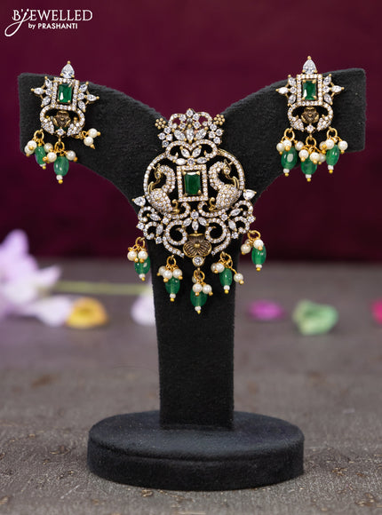 Victorian finish pendant set peacock design with emerald & cz stones and beads hanging